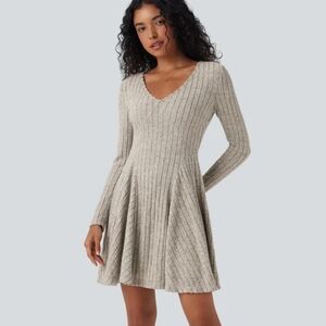 Halara Ribbed Knit V Neck Long Sleeve Flare Mini Casual Dress -Small- Warm Grey